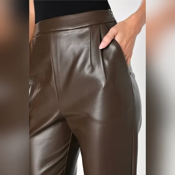 Lulus Kick It Dark Brown Vegan Leather High-Waisted Trouser Pants - Size XS - Picture 3 of 10